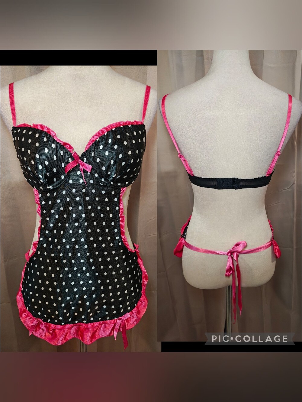🖤Y2K Rampage Pink Polka Dot French Maid Apron Lingerie Slip Dress 🩷